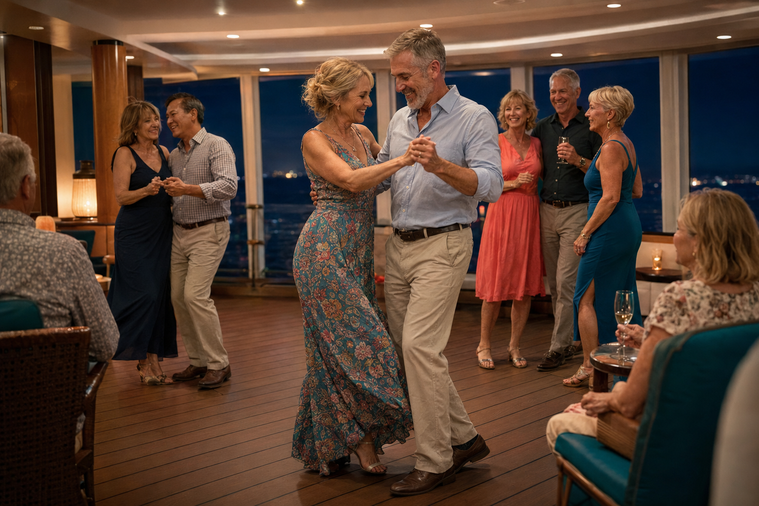 Adults enjoying social dancing in an elegant onboard lounge